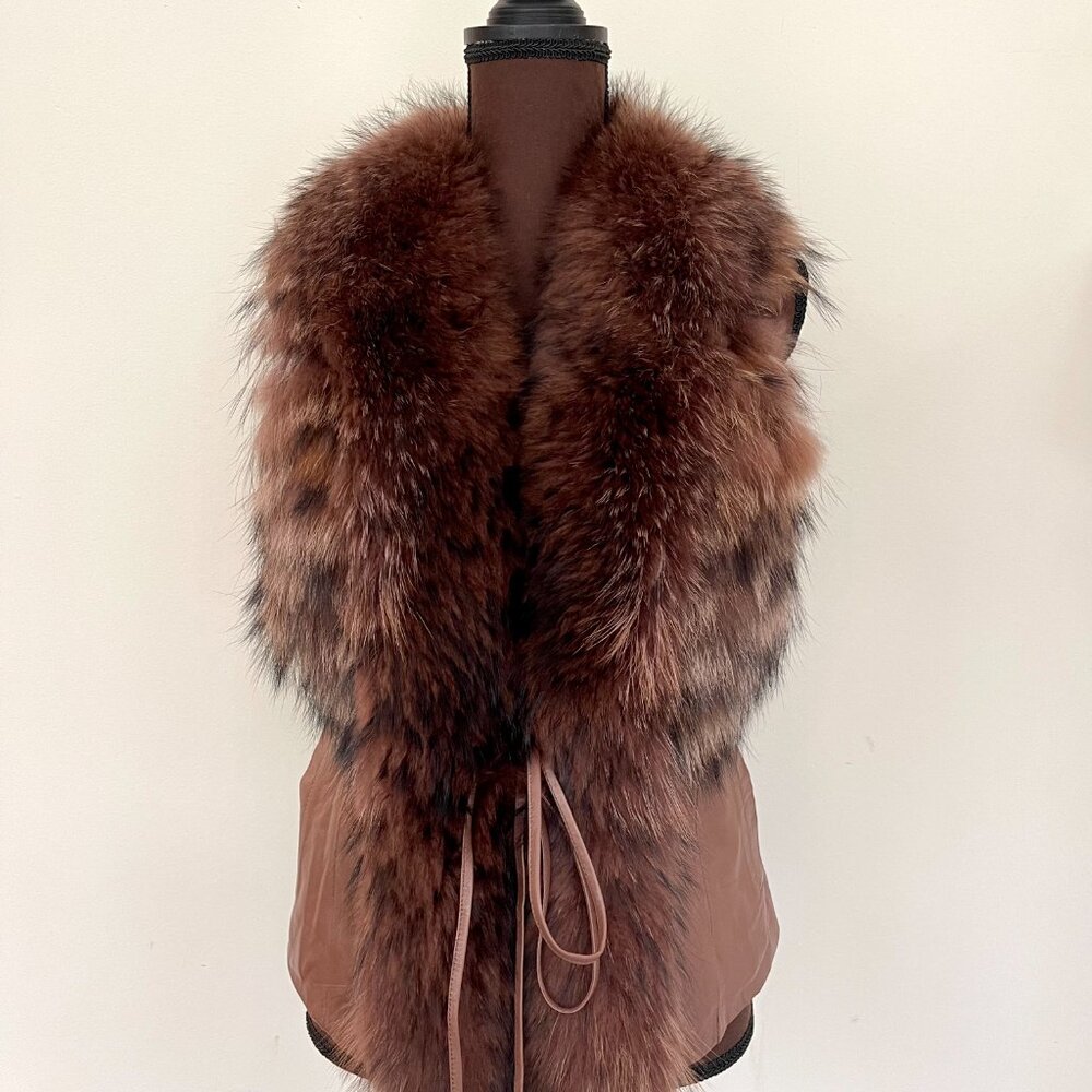 New Real Fox Fur Brown Leather Vest XS - Picture 3 of 10